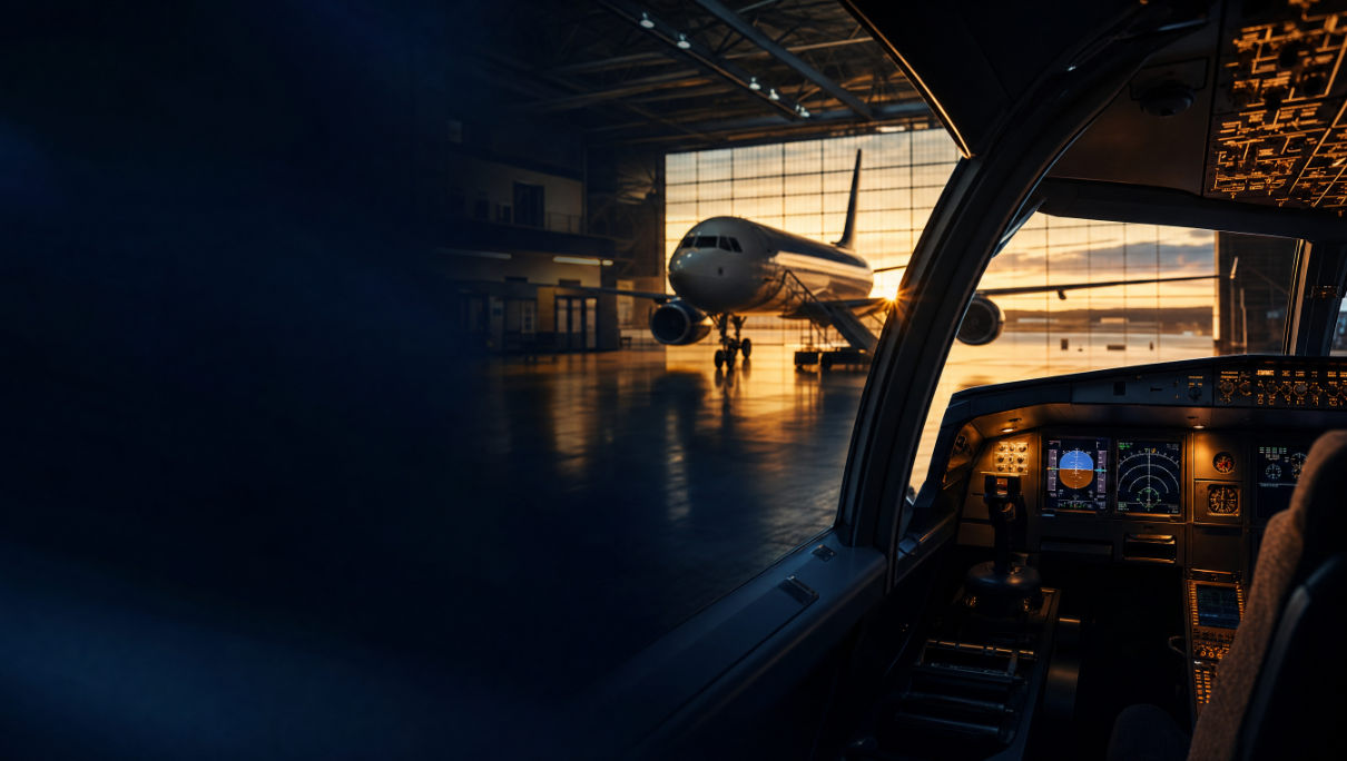 Cabine de avião comercial ao pôr do sol com um jato no hangar ao fundo